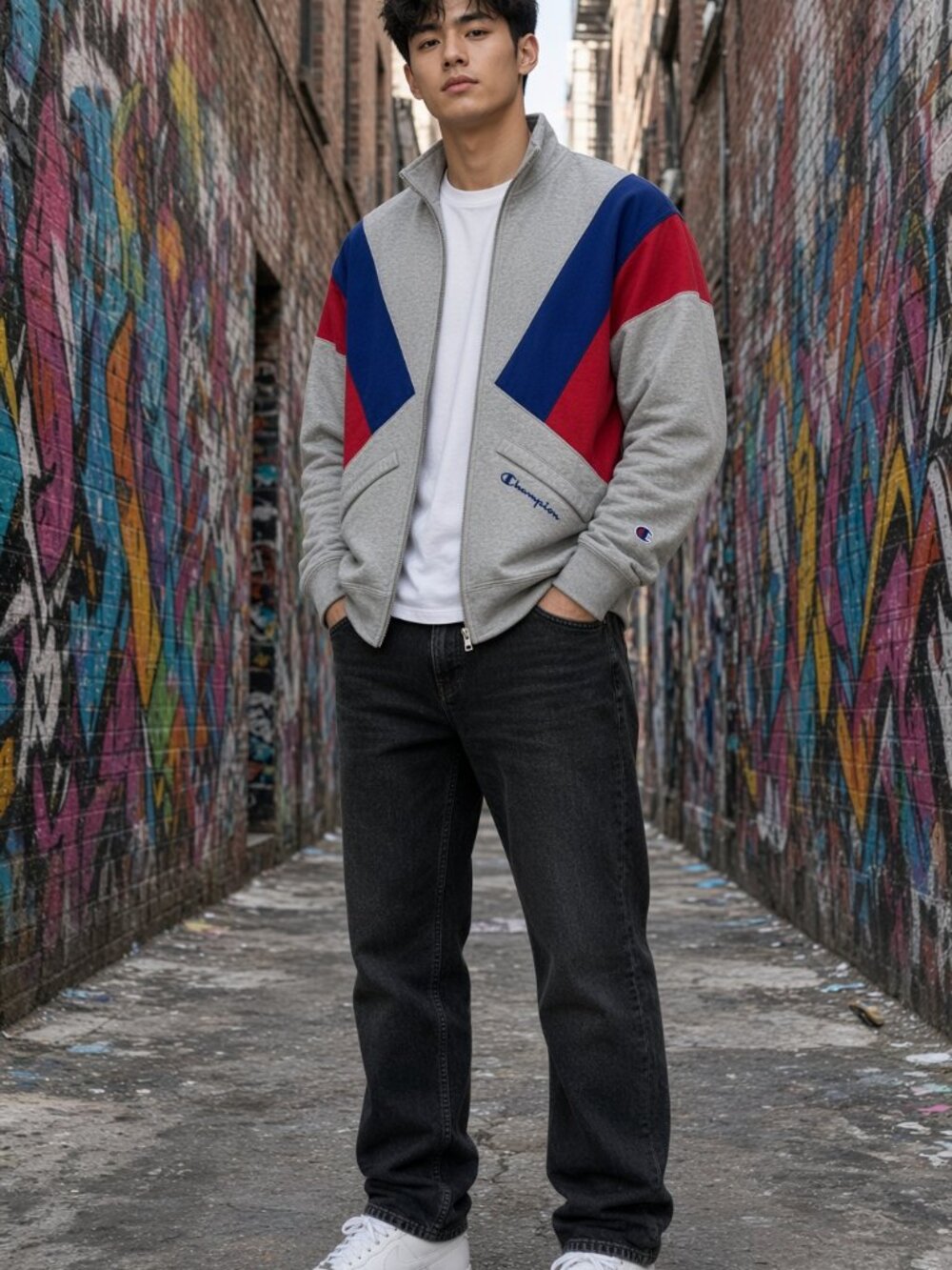 Champion Men Grey Full Zip Track Jacket Reverse Weave Red Blue Colorblock US XS